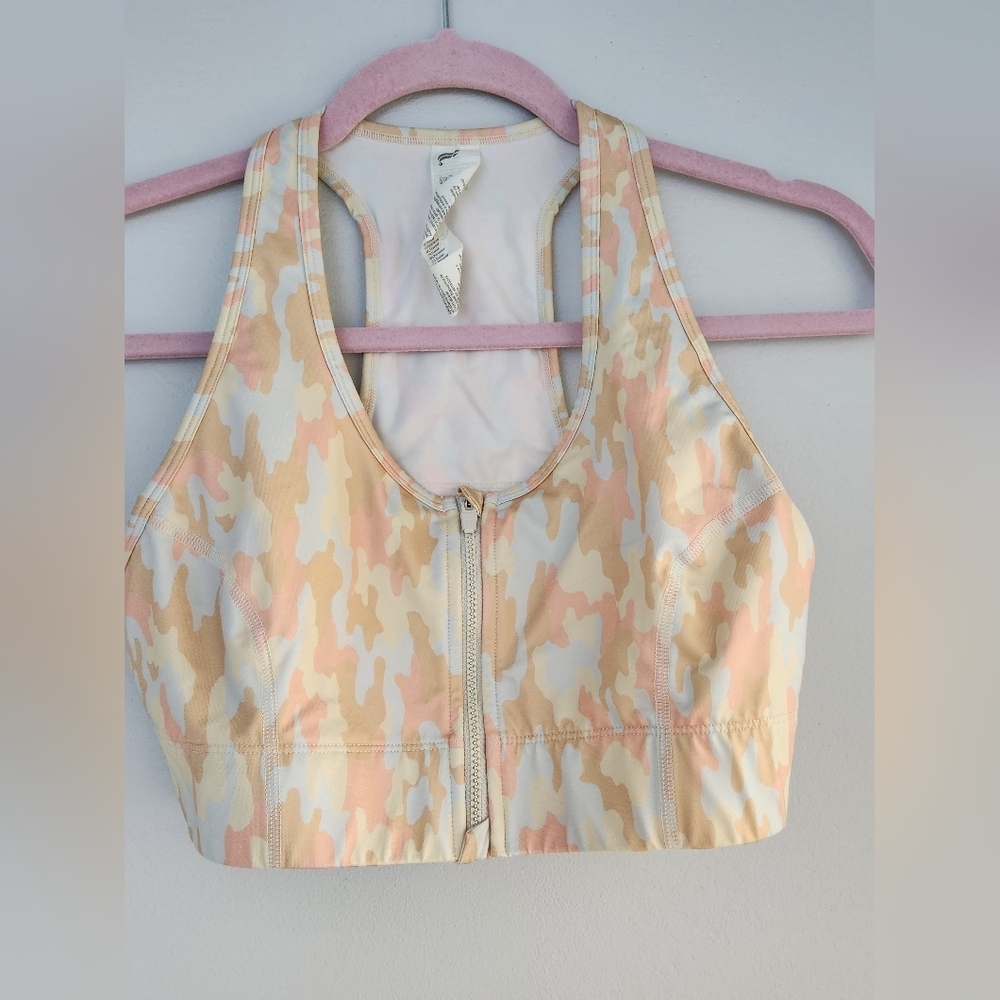 Fabletics On-The-Go Zip Sports Bra – Micro Camo – Size Small - Medium Impact